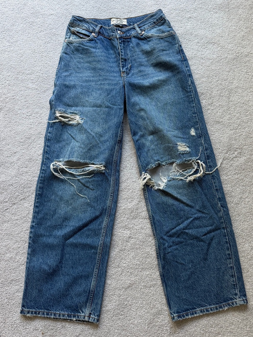 Free People Distressed Straight-Leg Blue Jeans